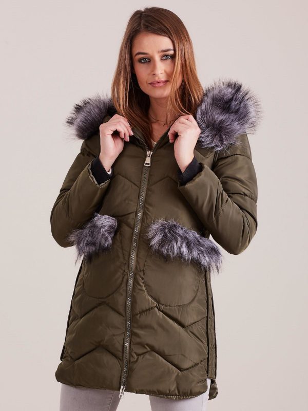 Wholesale Khaki winter jacket with fur trim