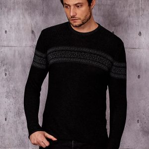 Wholesale Black men's sweater with ethnic pattern modules