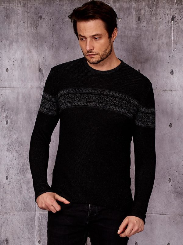 Wholesale Black men's sweater with ethnic pattern modules