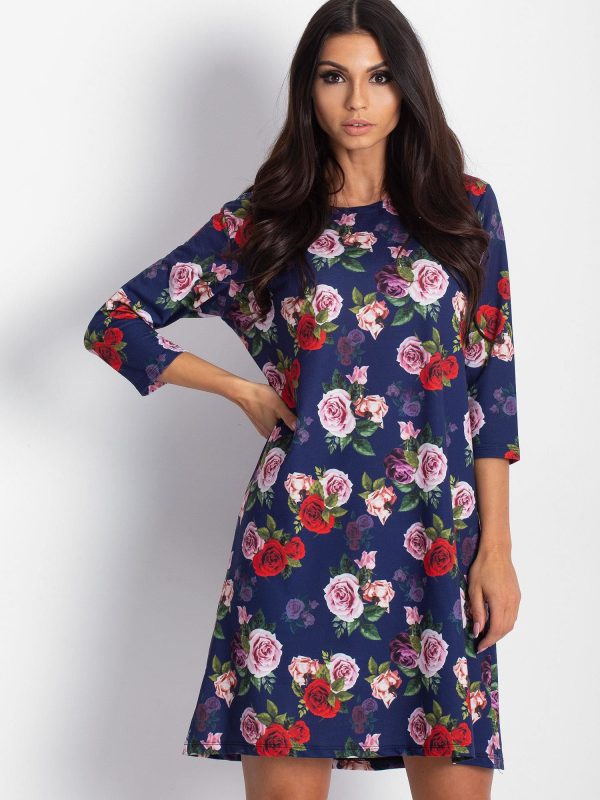 Wholesale Navy blue dress with colorful roses