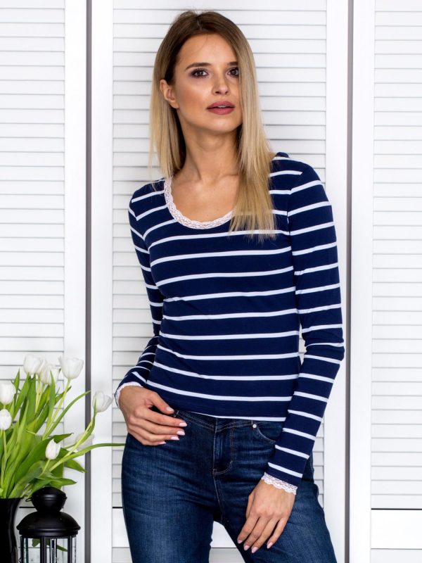 Wholesale Navy blue striped blouse with lace trim