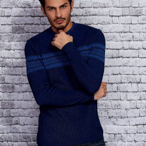 Wholesale Navy blue men's sweater with ethnic pattern modules