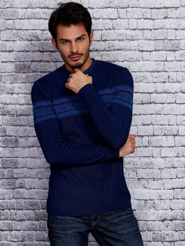 Wholesale Navy blue men's sweater with ethnic pattern modules