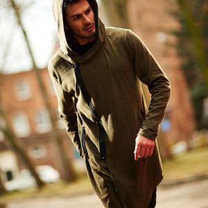 Wholesale Khaki melange sweatshirt for men with asymmetrical zipper