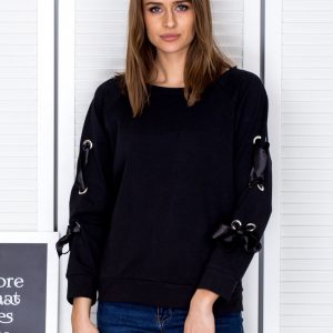 Wholesale Black sweatshirt with bows on the sleeves