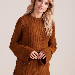 Wholesale Brown loose sweater with lacing and wide sleeves