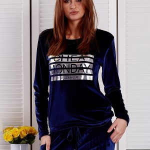 Wholesale Navy blue velvet sweatshirt with silver print