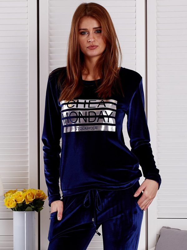 Wholesale Navy blue velvet sweatshirt with silver print