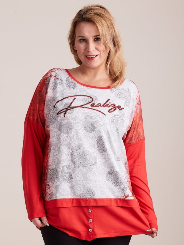 Wholesale Red and grey blouse with lace print PLUS SIZE