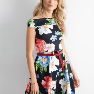 Wholesale Colorful Floral Black Shoulder Exposing Dress