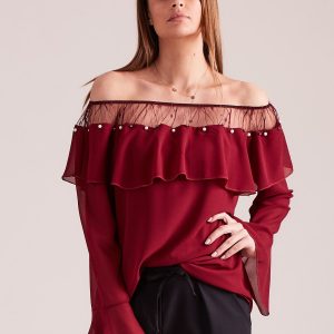 Wholesale Burgundy blouse in Spanish style with flounce