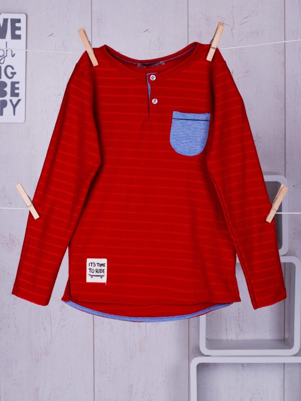 Wholesale Red boy blouse with woven stripes with pocket