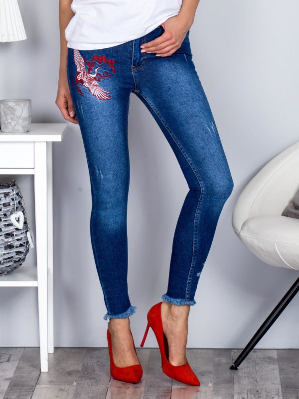 Wholesale Denim pants high waist blue with embroidery