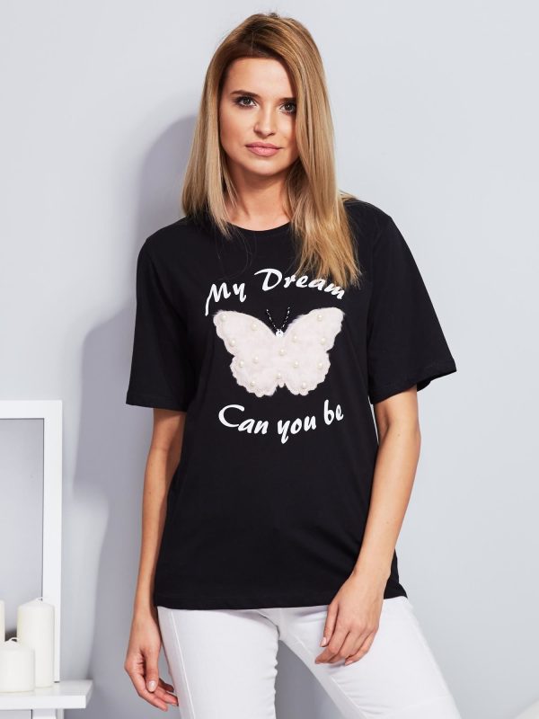 Wholesale Loose t-shirt with fur butterfly and black lettering