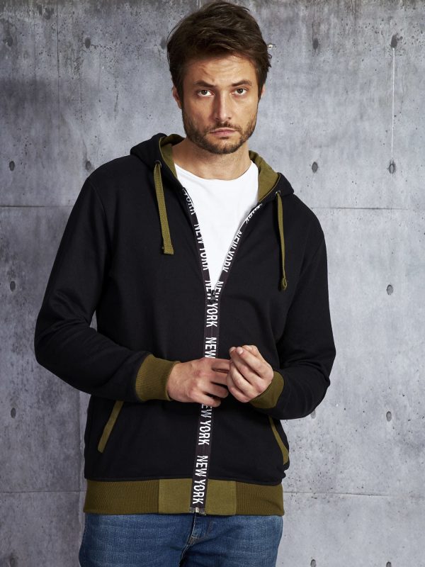 Wholesale Men's sweatshirt black with inscription on the zipper