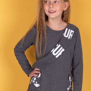 Wholesale Dark grey tunic for girl with print on pockets