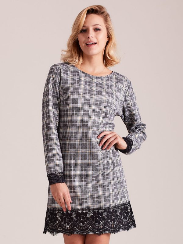 Wholesale Grey and yellow plaid dress with lace trim