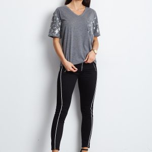 Wholesale Loose V-neck t-shirt with sequins dark grey