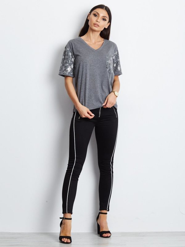 Wholesale Loose V-neck t-shirt with sequins dark grey