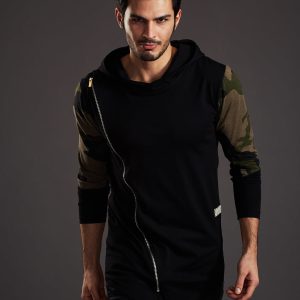 Wholesale Black sweatshirt for men with asymmetrical zipper and camo inserts