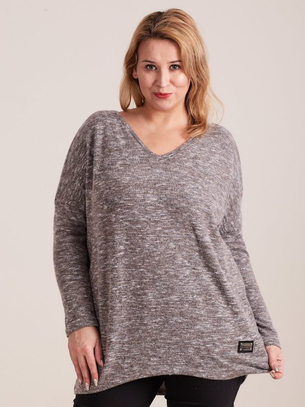 Wholesale Beige light V-neck plus size melange sweater