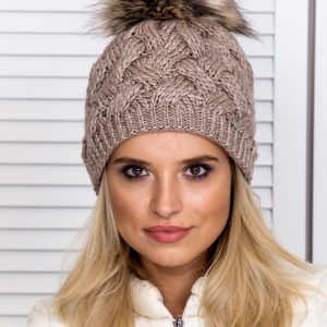 Wholesale Insulated cap with pompom and braided pattern dark beige