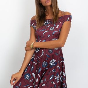 Wholesale Burgundy dress with leaf motif