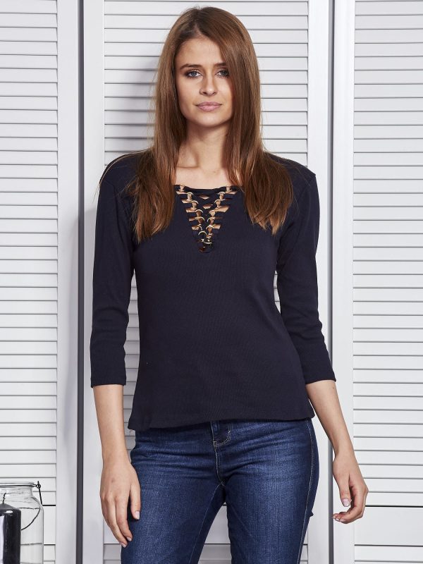 Wholesale Navy blue blouse with lace-up neckline