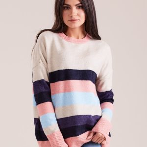 Wholesale Women's sweater with stripes motif beige