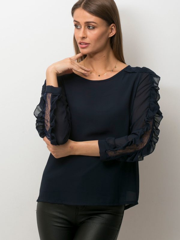 Wholesale Eairy blouse with decorative lace insert navy blue