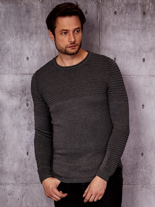 Wholesale Dark Grey Men's Sweater with Ribbed Modules