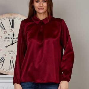 Wholesale Satin blouse with collar burgundy