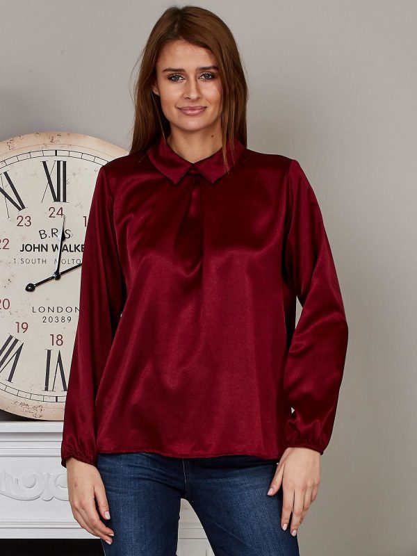 Wholesale Satin blouse with collar burgundy