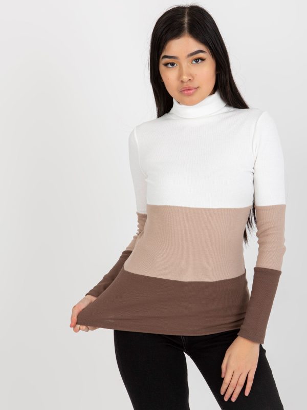 Wholesale Ecru-brown ribbed basic turtleneck blouse RUE PARIS