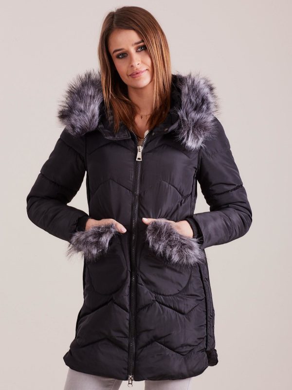 Wholesale Black winter jacket with fur trim