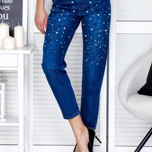 Wholesale Denim pants dark blue with pearls