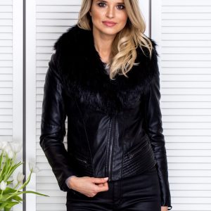 Wholesale Black eco leather jacket with detachable fur