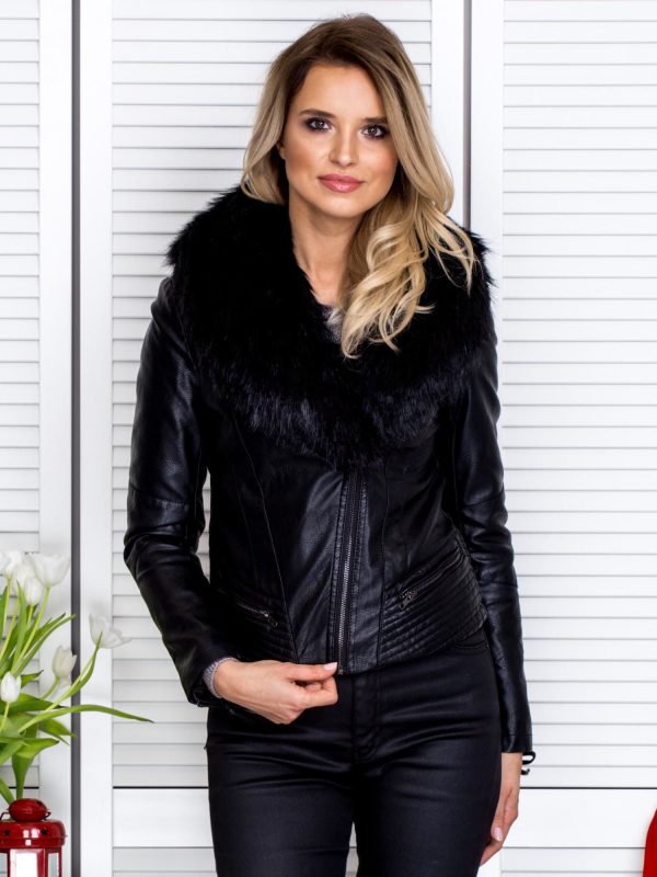 Wholesale Black eco leather jacket with detachable fur