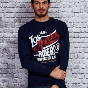 Wholesale Navy blue sweatshirt for men with text print and welts