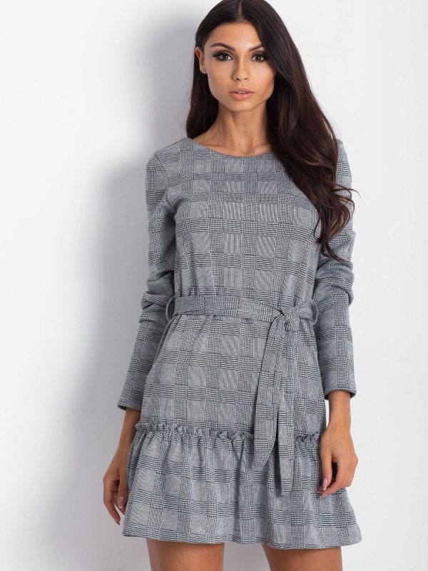 Wholesale Grey Plaid Dress with Ruffle