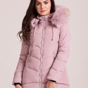 Wholesale Light pink winter jacket with hood and fur