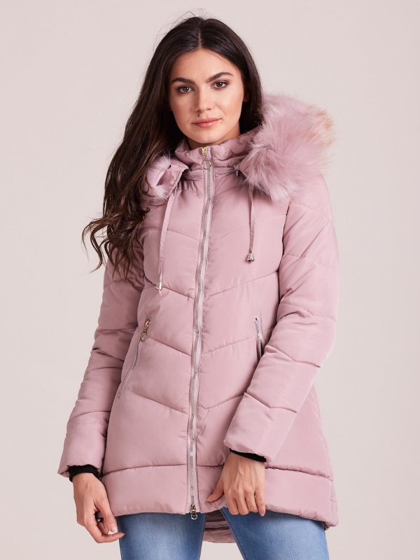 Wholesale Light pink winter jacket with hood and fur