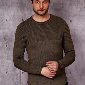 Wholesale Men's green sweater with ribbed modules