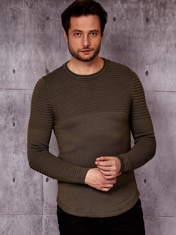 Wholesale Men's green sweater with ribbed modules