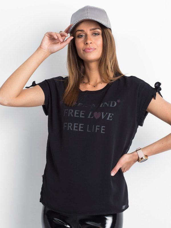 Wholesale Black blouse with chiffon layer and lettering