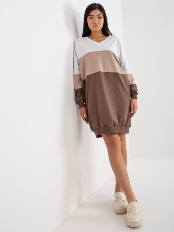 Wholesale White and brown basic dress with V neckline RUE PARIS