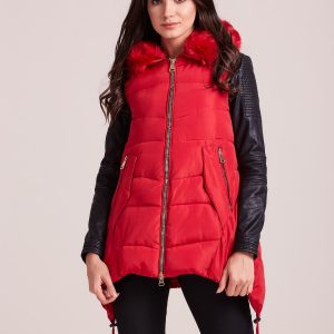 Wholesale Red winter vest with hood and fur