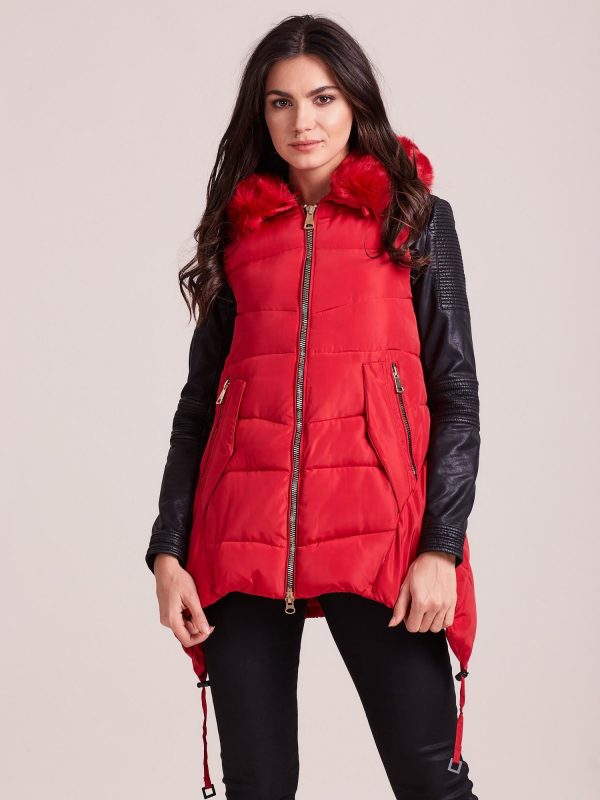 Wholesale Red winter vest with hood and fur