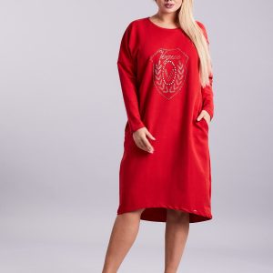 Wholesale Red sweatshirt dress with pockets PLUS SIZE