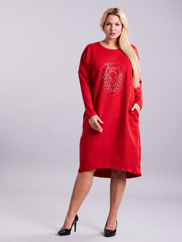 Wholesale Red sweatshirt dress with pockets PLUS SIZE